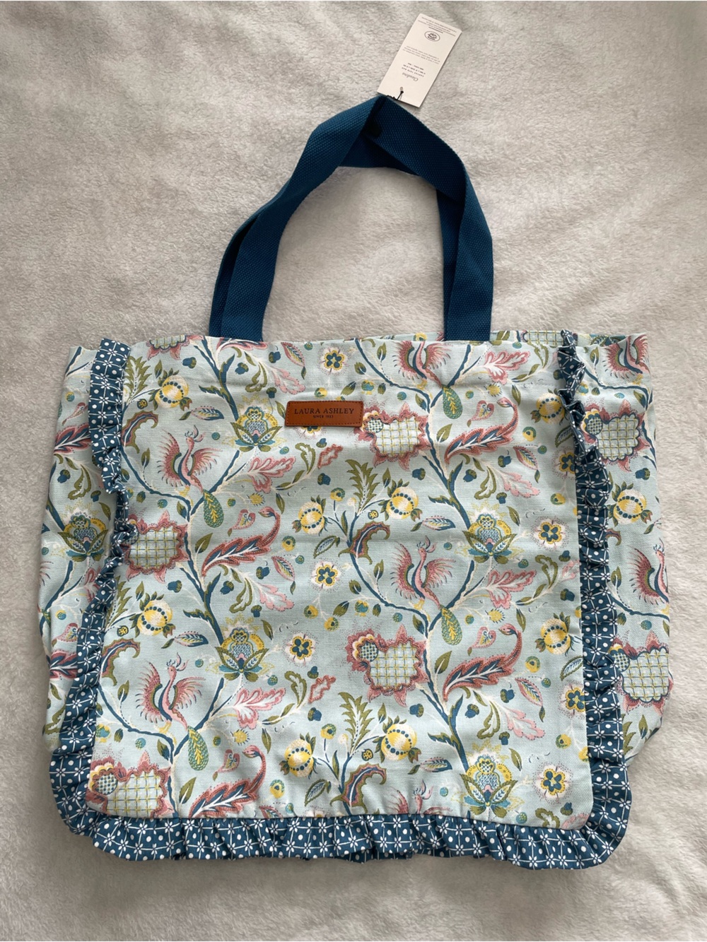 Laura Ashley Floral Canvas Tote in Light Blue with Navy Handles